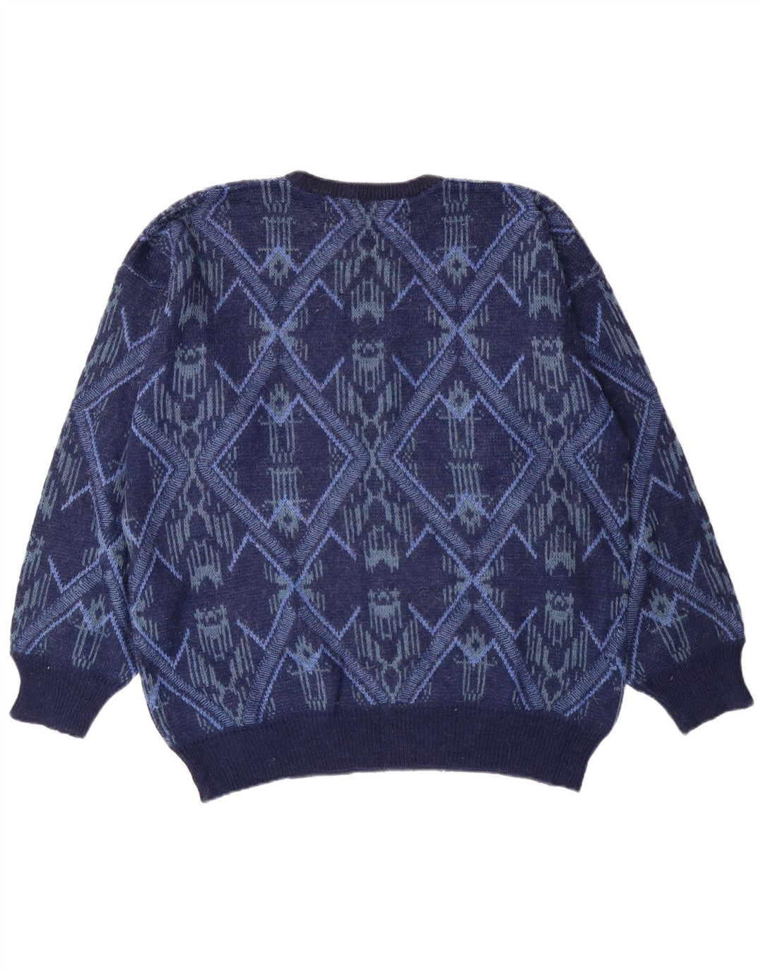 Suéter vintage masculino com gola redonda grande azul marinho Fair Isle