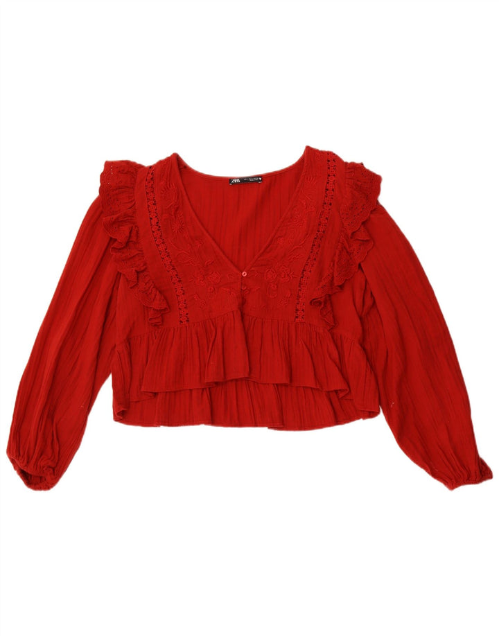 Zara Blusa Feminina Crop Manga Longa Top UK 10 Pequeno Poliéster Vermelho