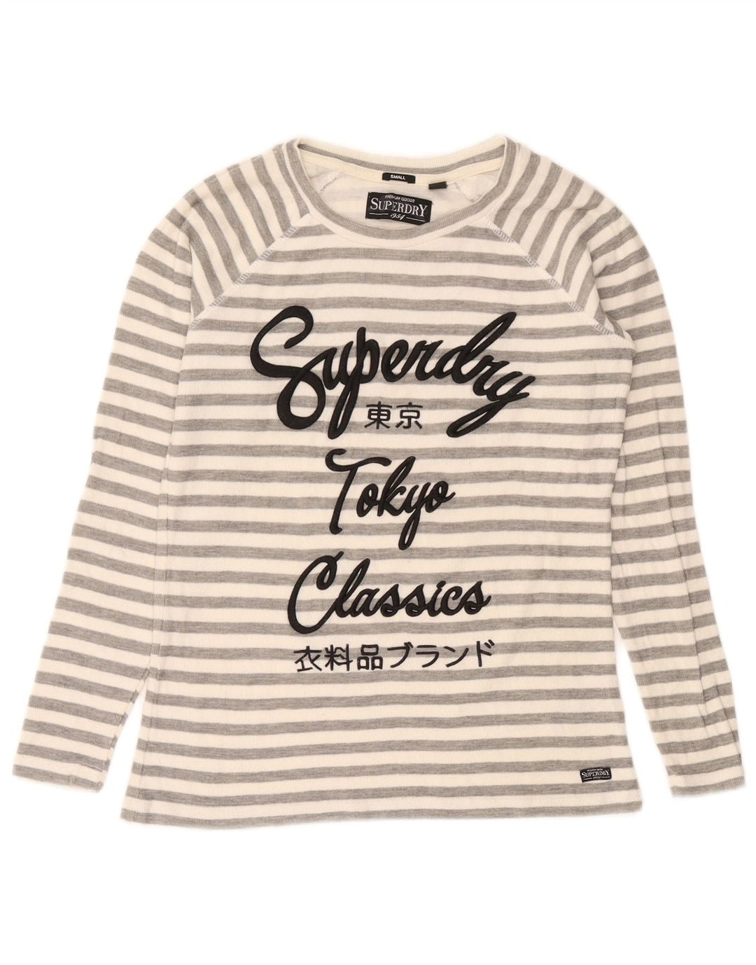 Top gráfico feminino Superdry manga comprida UK 10 algodão listrado cinza pequeno