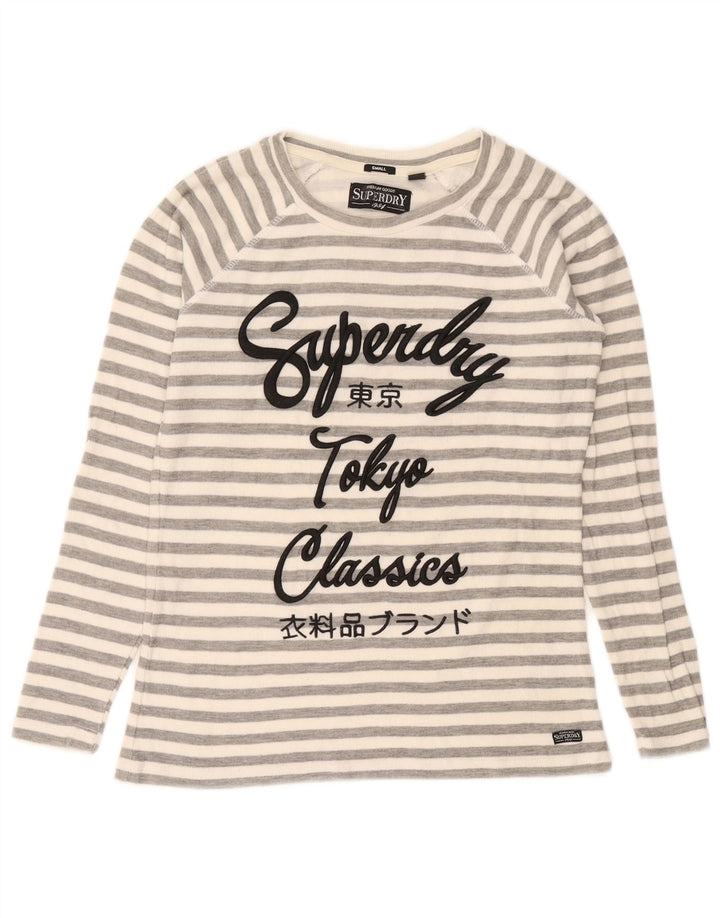 Top gráfico feminino Superdry manga comprida UK 10 algodão listrado cinza pequeno
