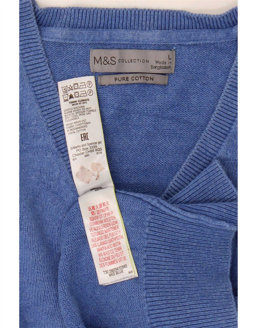 Suéter masculino Marks & Spencer com decote em V grande algodão azul