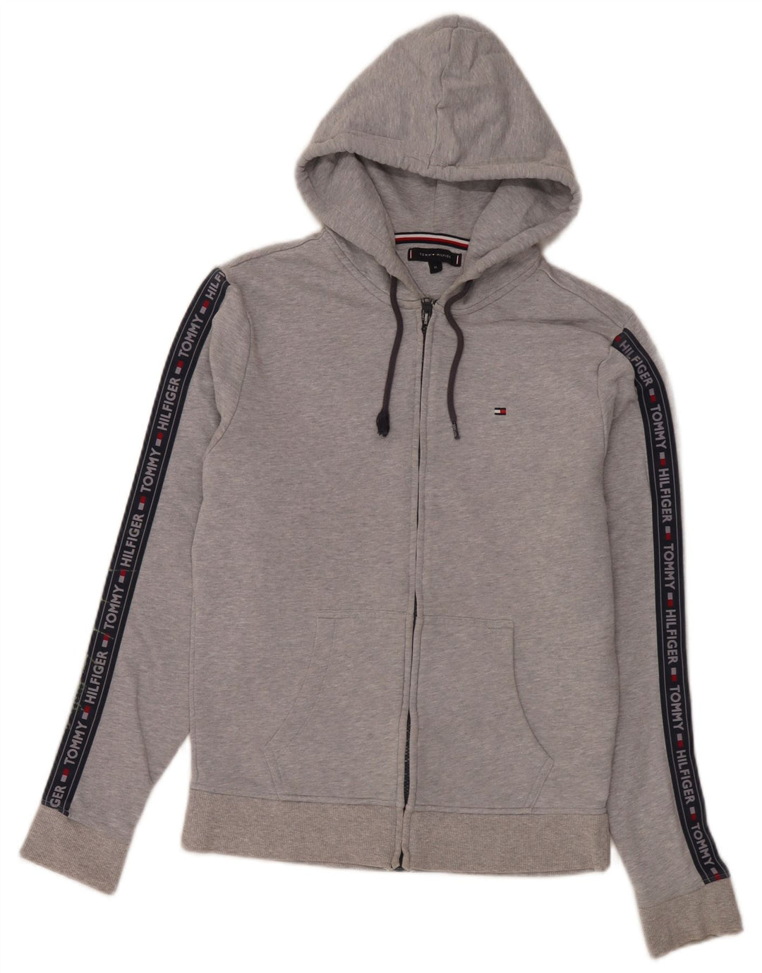 Tommy Hilfiger Suéter masculino com capuz e zíper gráfico cinza médio bloco colorido