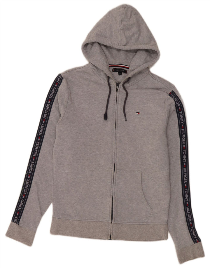 Tommy Hilfiger Suéter masculino com capuz e zíper gráfico cinza médio bloco colorido