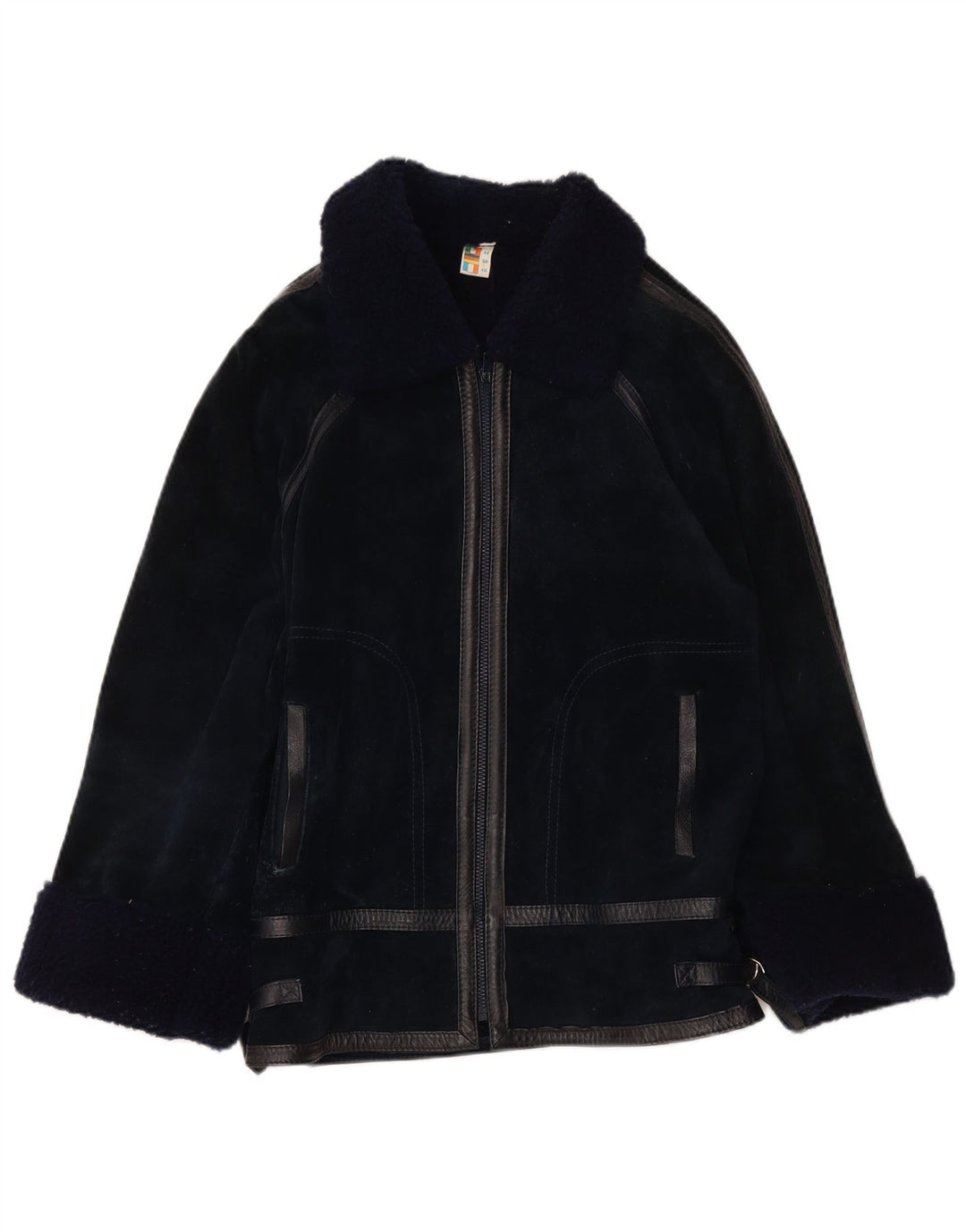 Jaqueta feminina VINTAGE de shearling IT 44 couro azul marinho médio