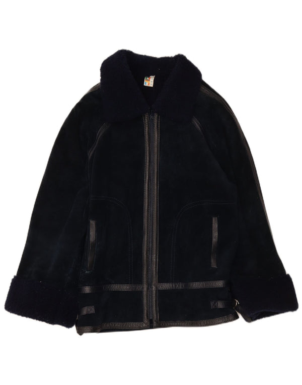Jaqueta feminina VINTAGE de shearling IT 44 couro azul marinho médio
