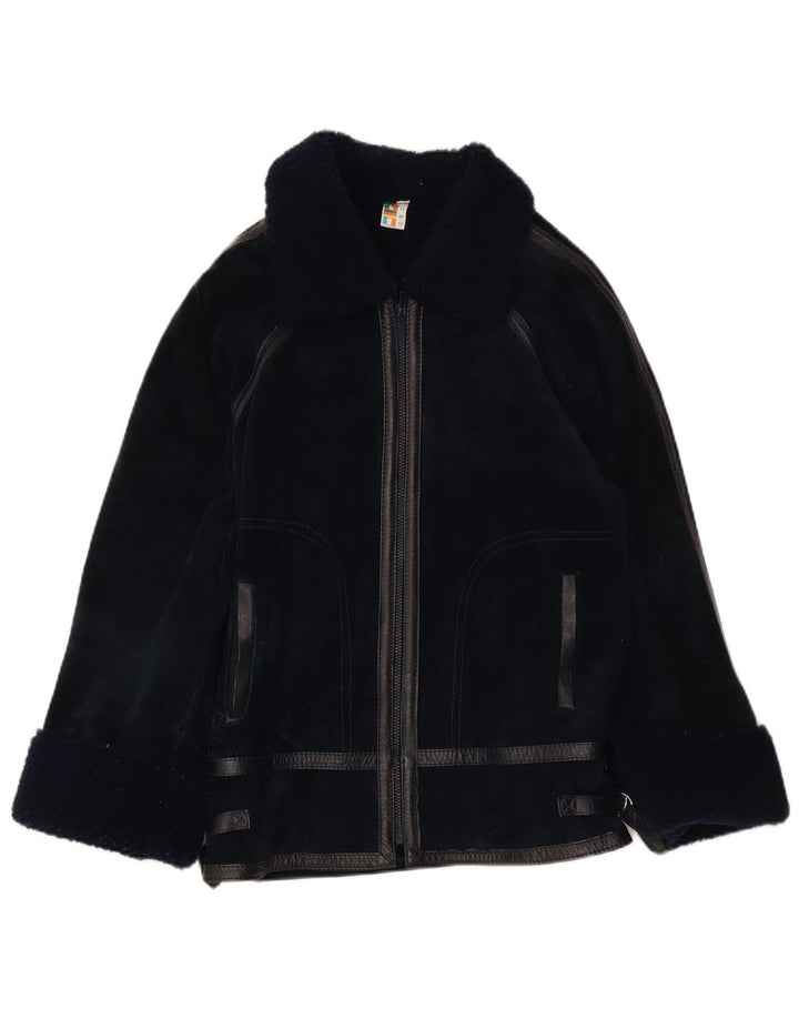 Jaqueta feminina VINTAGE de shearling IT 44 couro azul marinho médio