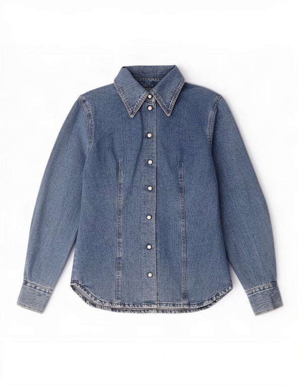 Camisa jeans feminina vintage Reino Unido 12 algodão azul médio