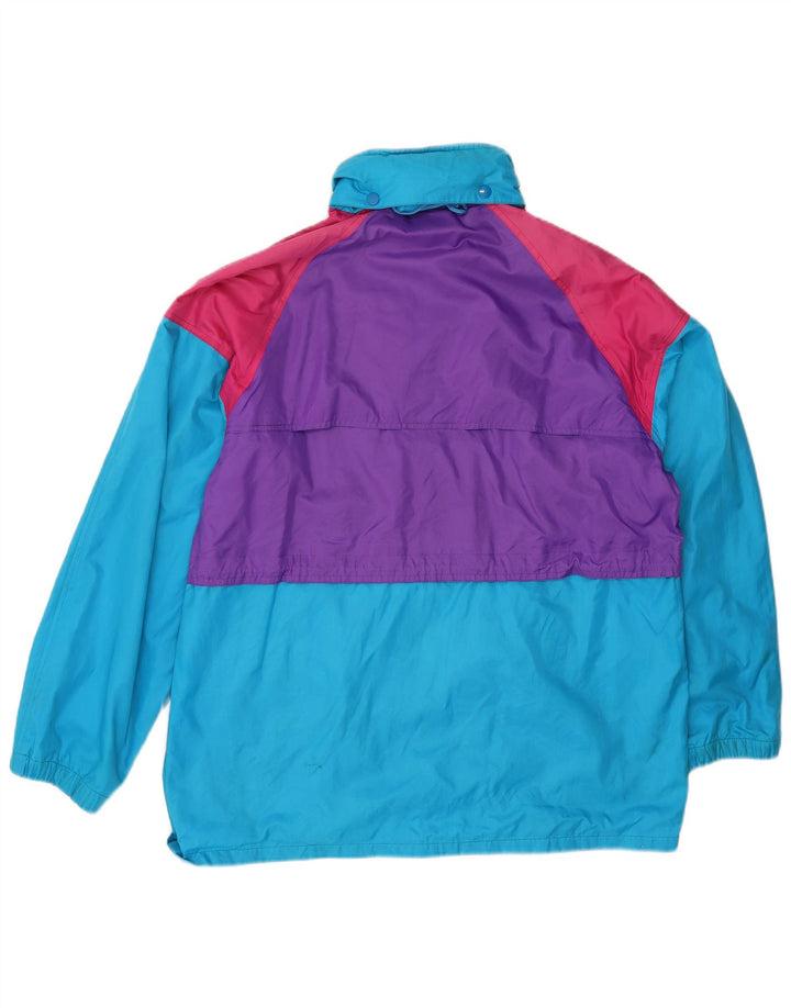 Jaqueta de chuva feminina vintage com capuz grande tamanho UK 14 bloco colorido azul médio