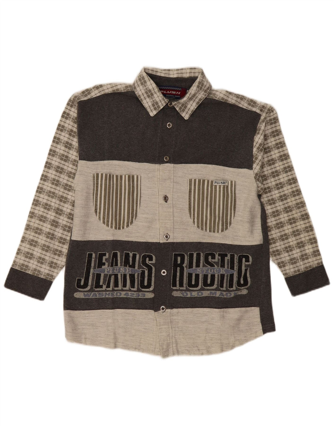 Camisa masculina vintage de flanela gráfica cinza médio algodão xadrez