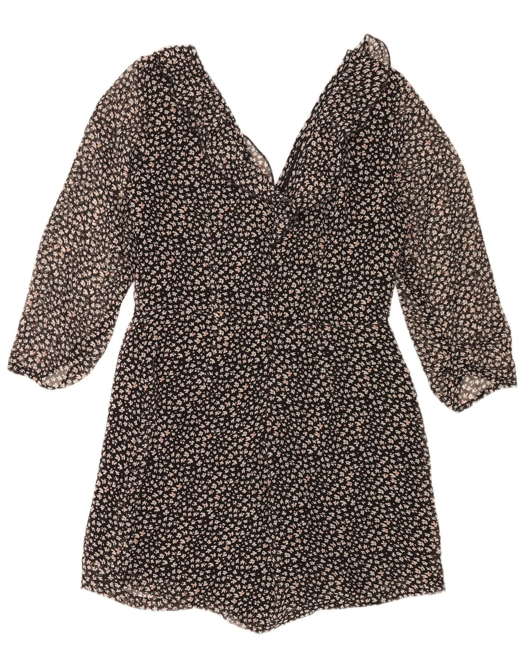 Macacão feminino Zara manga 3/4 Reino Unido 14 grande preto floral poliéster