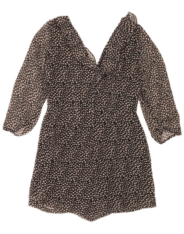 Macacão feminino Zara manga 3/4 Reino Unido 14 grande preto floral poliéster