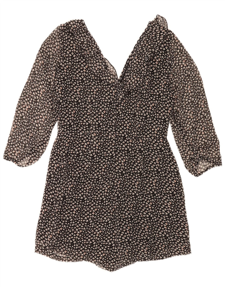 Macacão feminino Zara manga 3/4 Reino Unido 14 grande preto floral poliéster