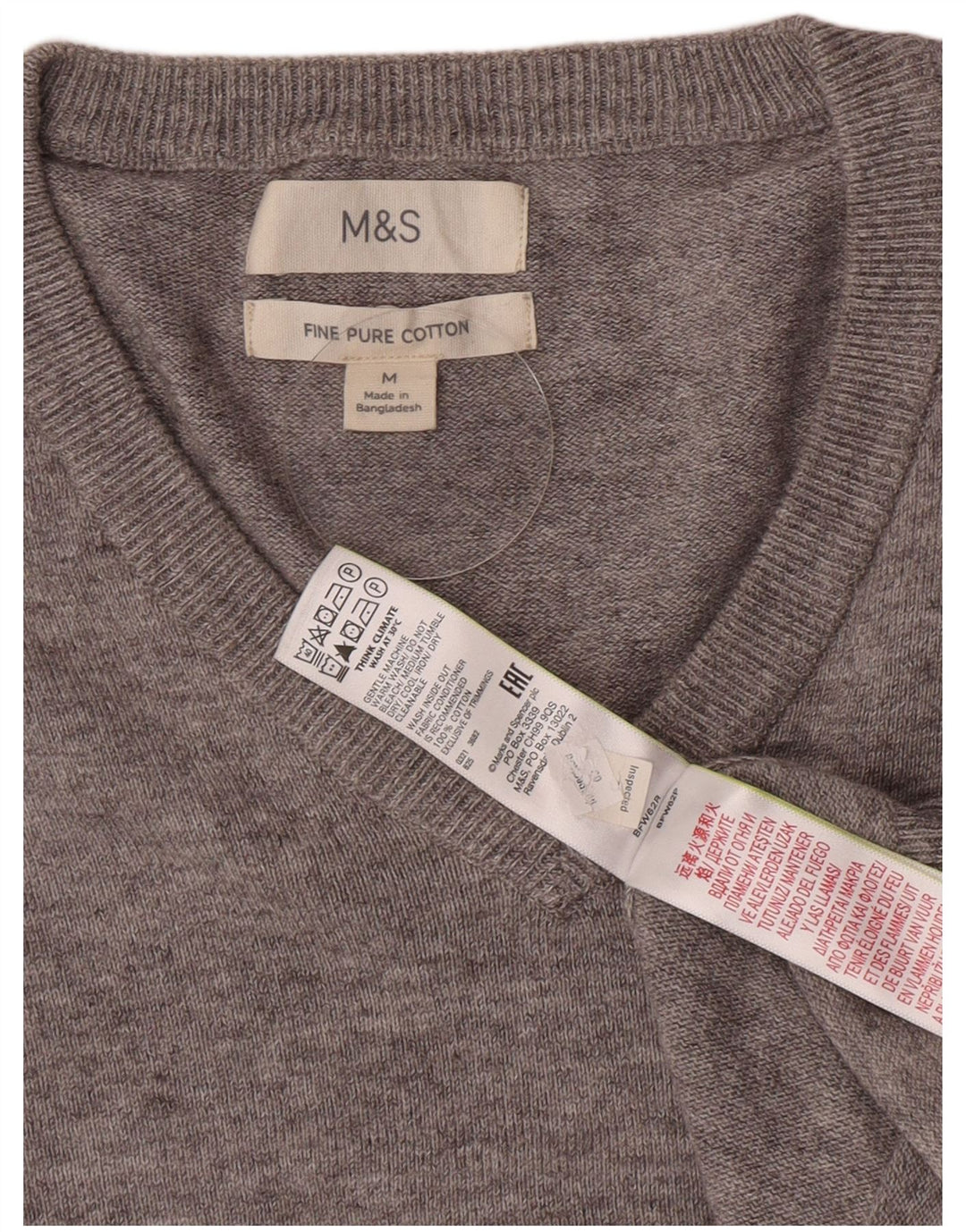 Suéter masculino Marks & Spencer com decote em V, algodão manchado cinza médio