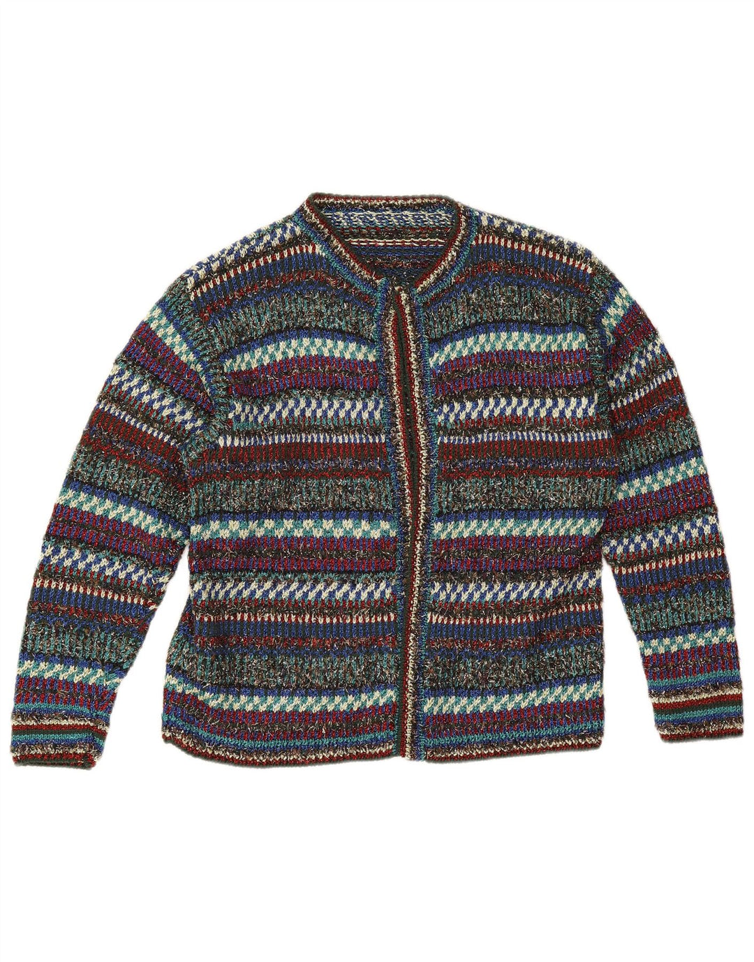Suéter cardigã aberto feminino vintage Reino Unido 12 listrado médio multicolorido