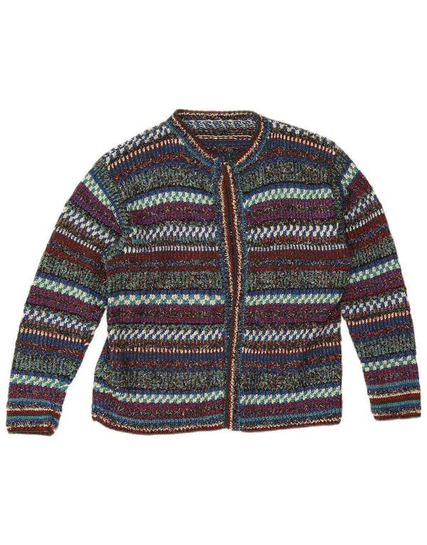 Suéter cardigã aberto feminino vintage Reino Unido 12 listrado médio multicolorido
