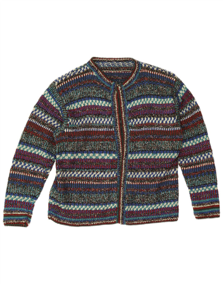 Suéter cardigã aberto feminino vintage Reino Unido 12 listrado médio multicolorido