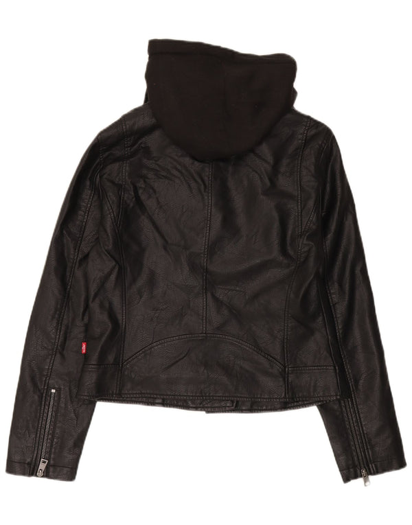 Jaqueta feminina de couro sintético com capuz Levi's UK 12 média preta