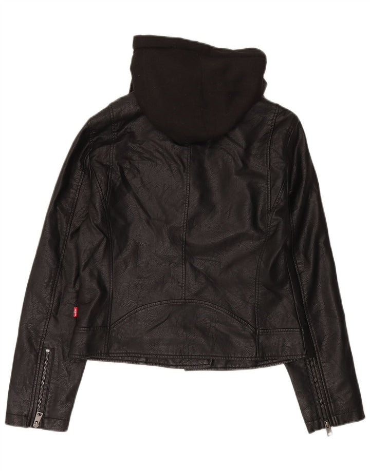 Jaqueta feminina de couro sintético com capuz Levi's UK 12 média preta
