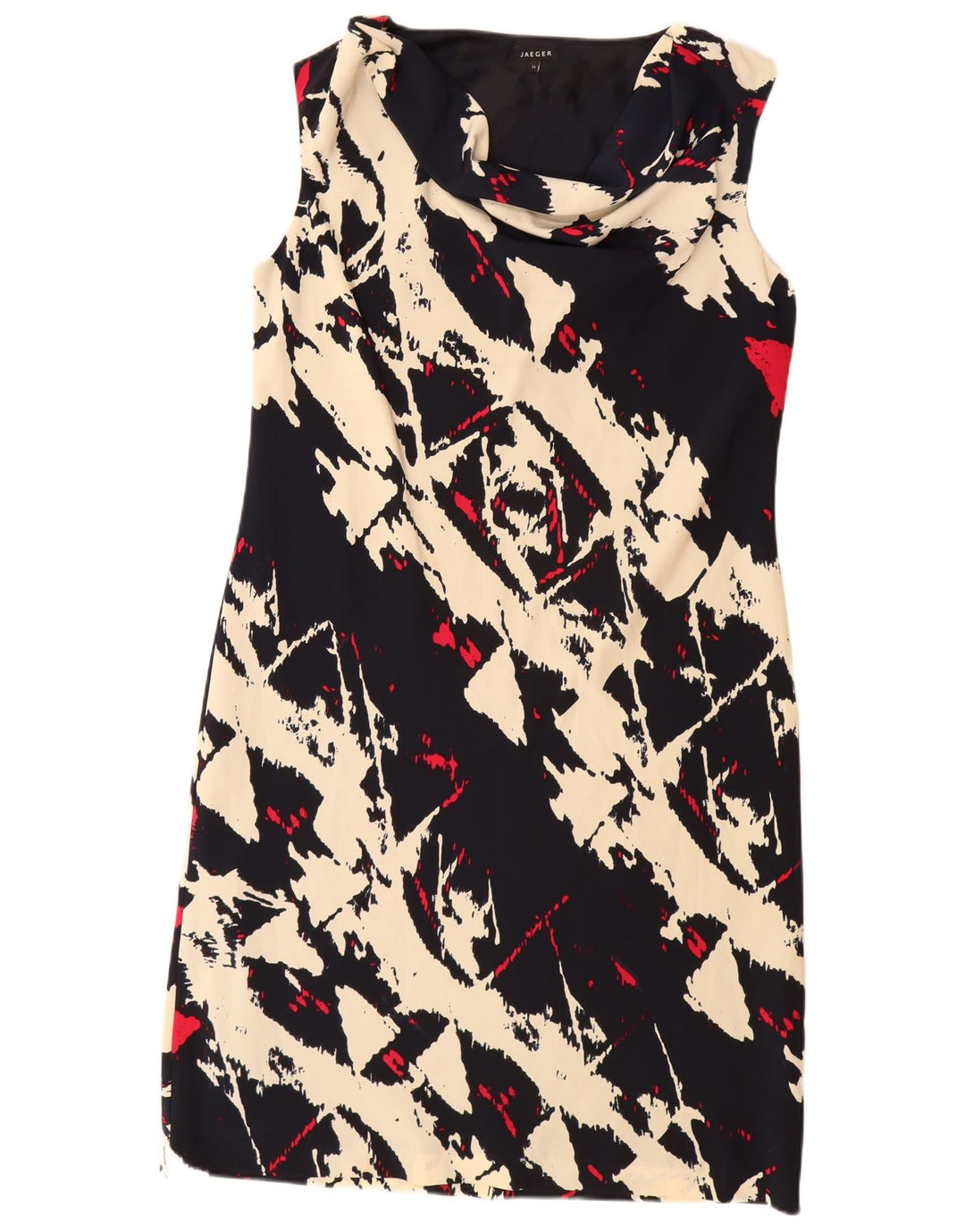 Vestido feminino Jaeger com bainha sem mangas Reino Unido 14 grande poliéster geométrico preto