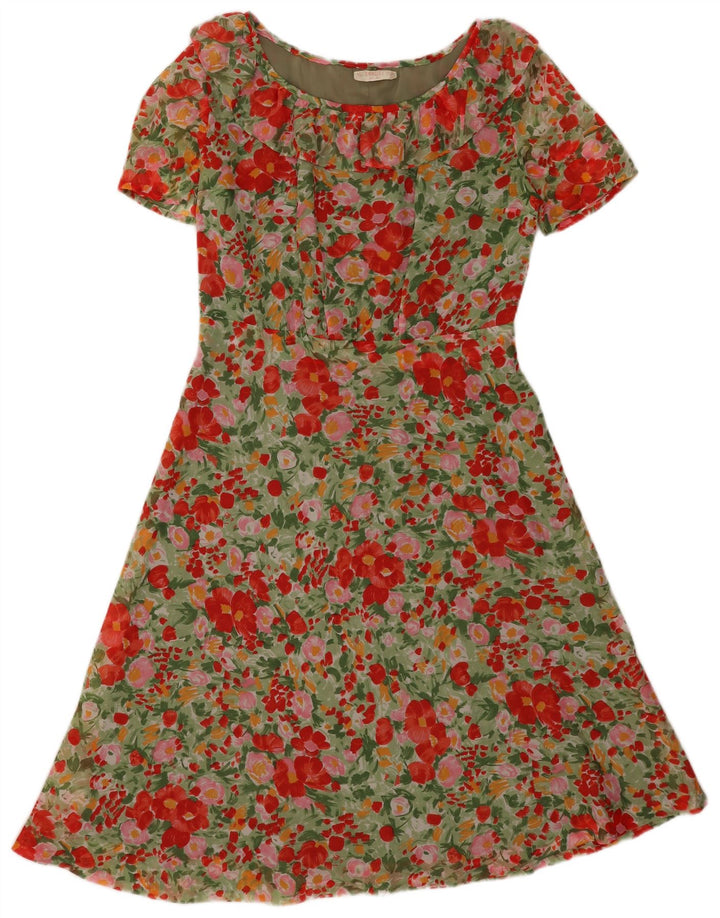Vestido vintage feminino evasê UK 12 médio floral multicolorido poliamida