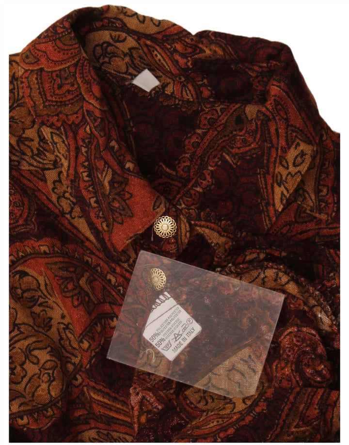 Camisa feminina vintage Reino Unido 16 grande poliéster marrom paisley