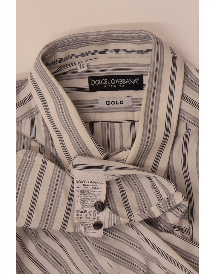 Camisa masculina Dolce & Gabbana tamanho 39 15 1/2 algodão listrado branco médio
