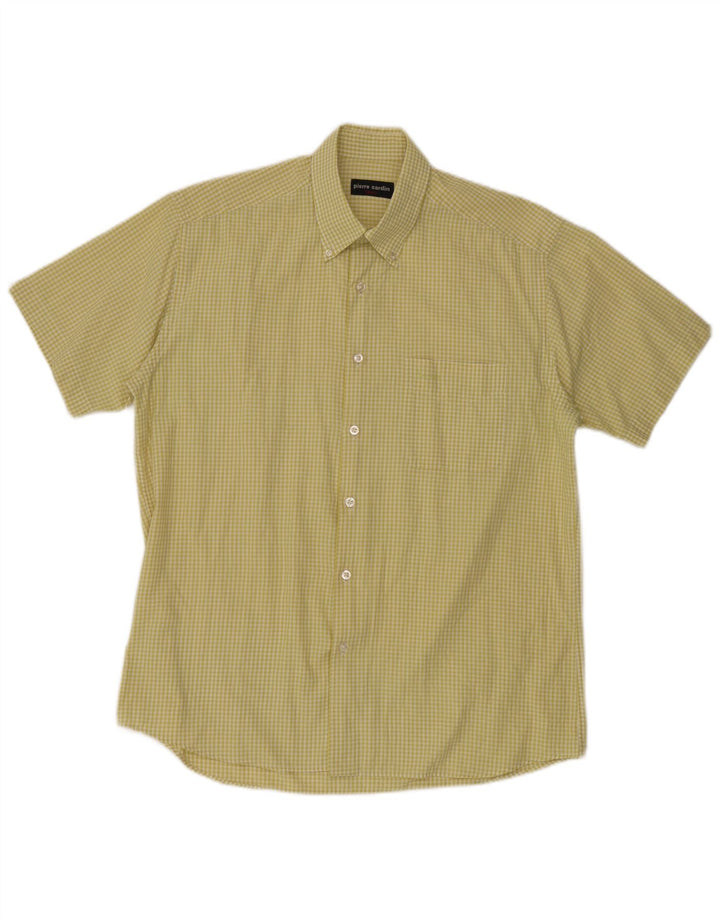 Camisa masculina de manga curta Pierre Cardin tamanho 40 algodão guingão amarelo médio
