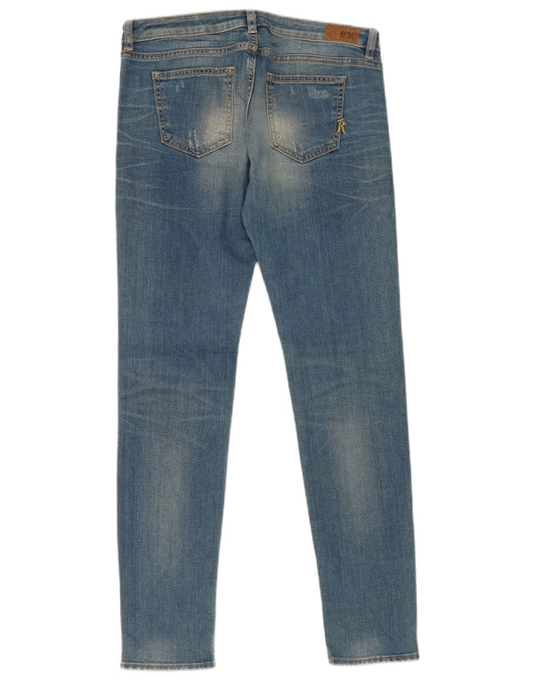 Rifle feminino jeans skinny desgastado W29 L28 algodão azul