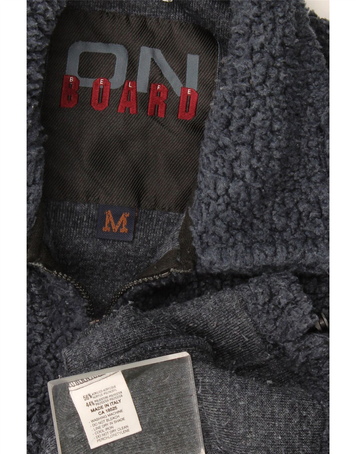 Belfe Suéter masculino de lã com gola polo gráfica oversized médio azul marinho