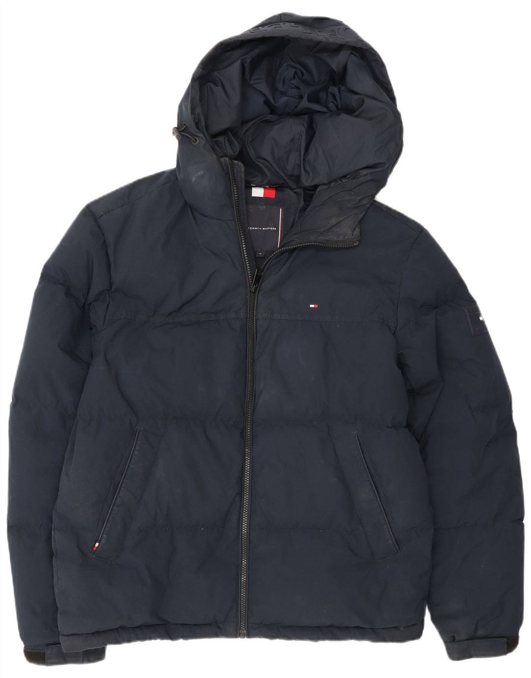 Jaqueta masculina acolchoada com capuz Tommy Hilfiger Reino Unido 38 poliéster azul marinho médio