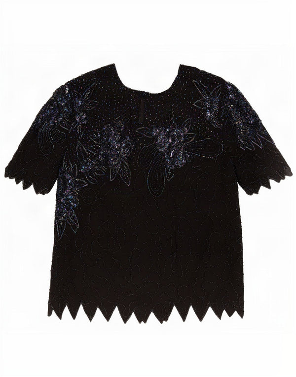Blusa de noite feminina vintage UK 18 XL seda floral preta