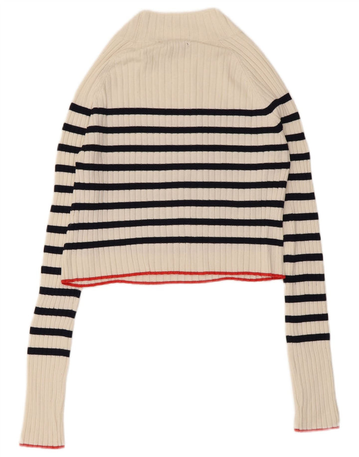 Suéter feminino Zara com gola tartaruga e gola alta UK 12 listrado branco médio