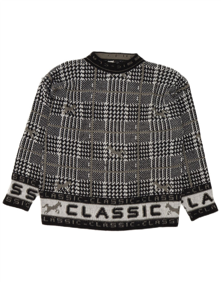 Suéter masculino vintage com gola redonda e grande xadrez preto