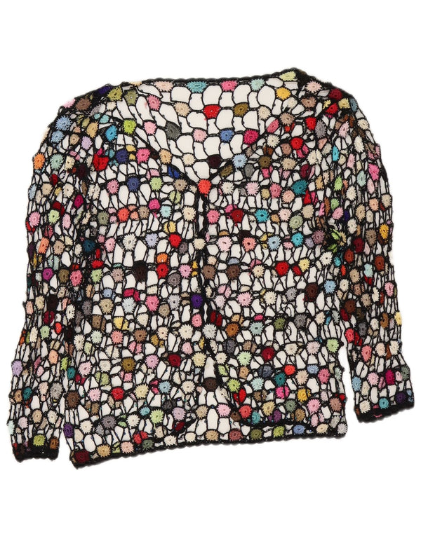 Cardigan de crochê feminino vintage UK 14 floral multicolorido médio