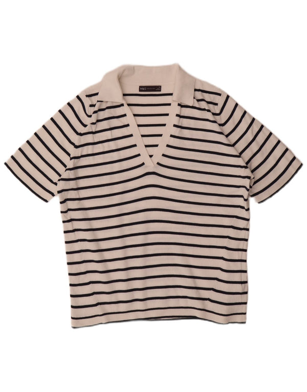 Camisa polo feminina Marks & Spencer UK 18 XL algodão listrado branco