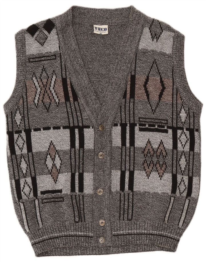 Suéter cardigã masculino vintage sem mangas acrílico geométrico cinza médio