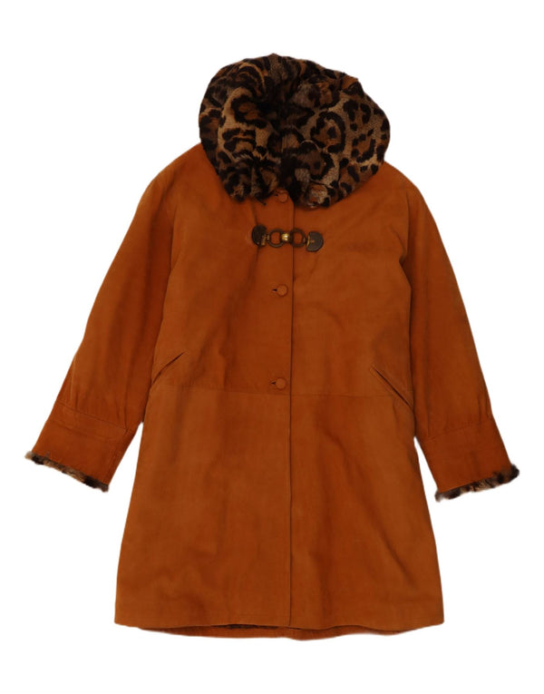 Casaco feminino vintage de couro de grandes dimensões EU 42 Shearling marrom grande