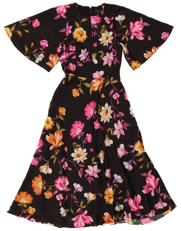 Vestido feminino Ted Baker evasê tamanho 0 2XS preto floral poliéster