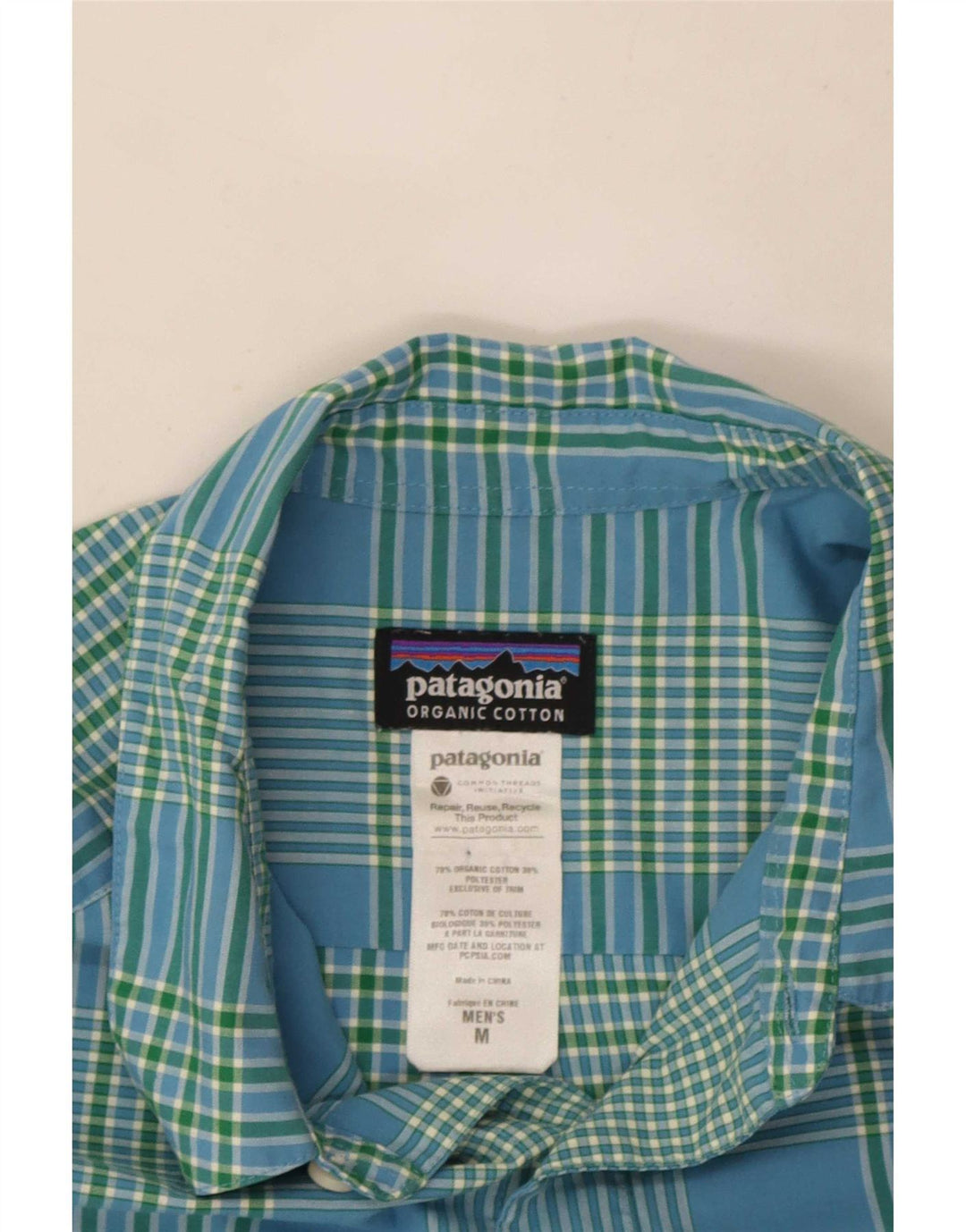 Camisa masculina de manga curta Patagonia algodão xadrez azul médio