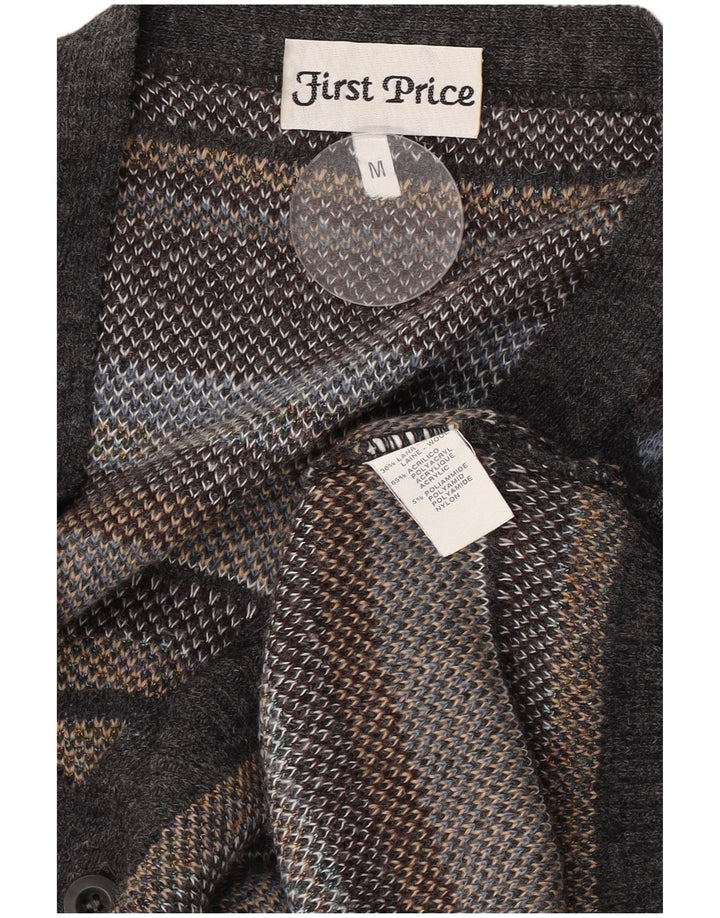 Suéter cardigã masculino vintage lã geométrica cinza médio