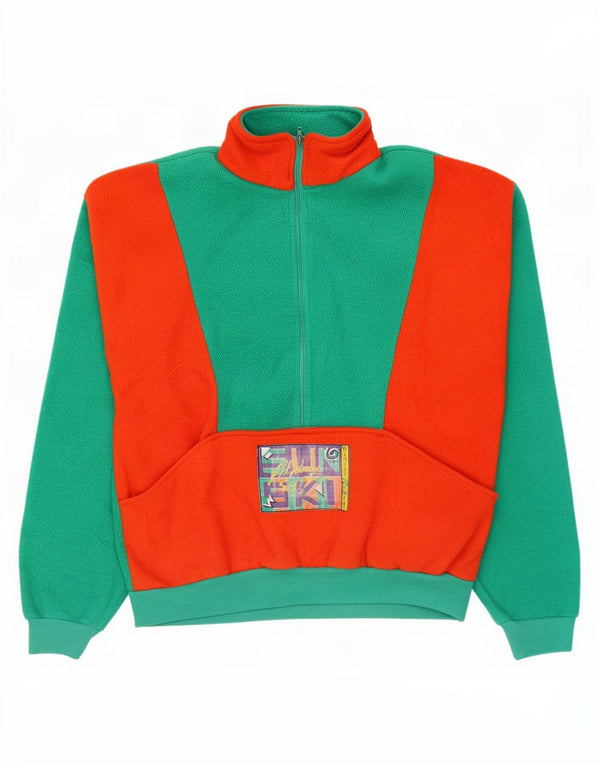 Vintage Mens Ski Zip Neck Fleece Jumper Large Green Colourblock