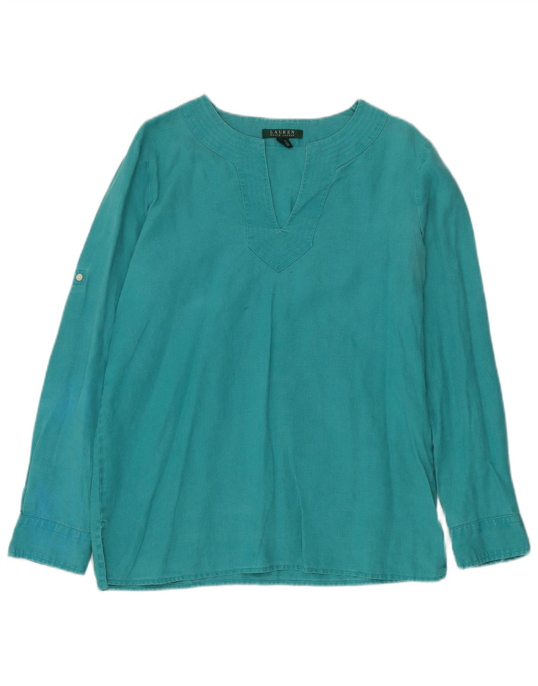 Blusa feminina de manga comprida RALPH LAUREN UK 14 linho turquesa médio