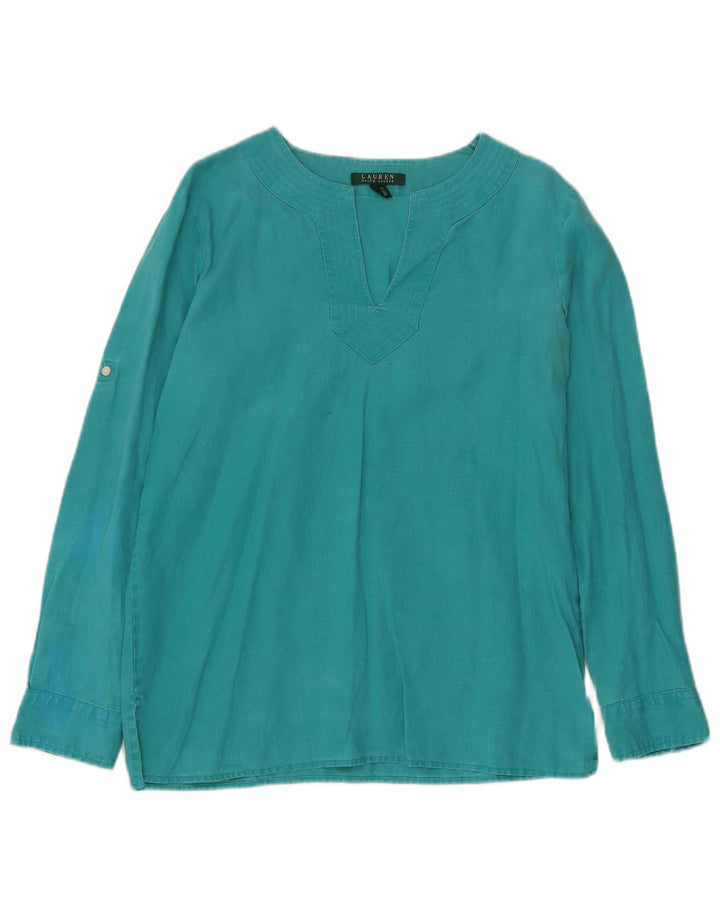 Blusa feminina de manga comprida RALPH LAUREN UK 14 linho turquesa médio