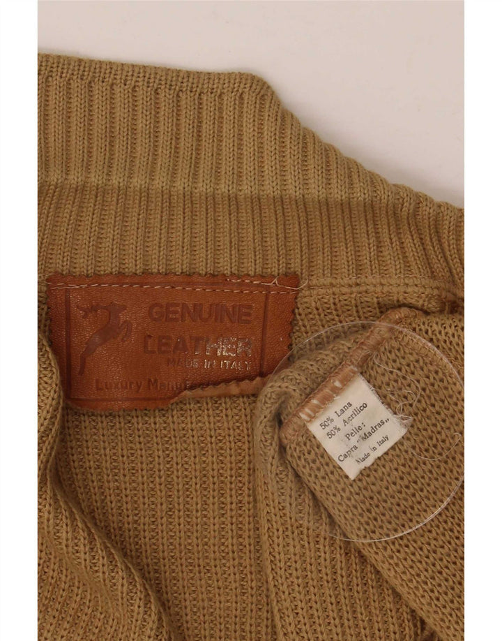 Suéter cardigã masculino vintage lã marrom médio
