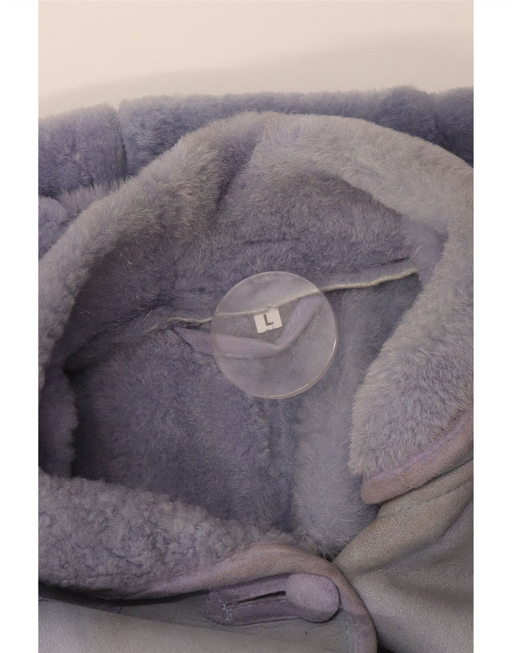 Jaqueta feminina vintage com capuz Shearling Reino Unido 16 grandes retalhos roxos