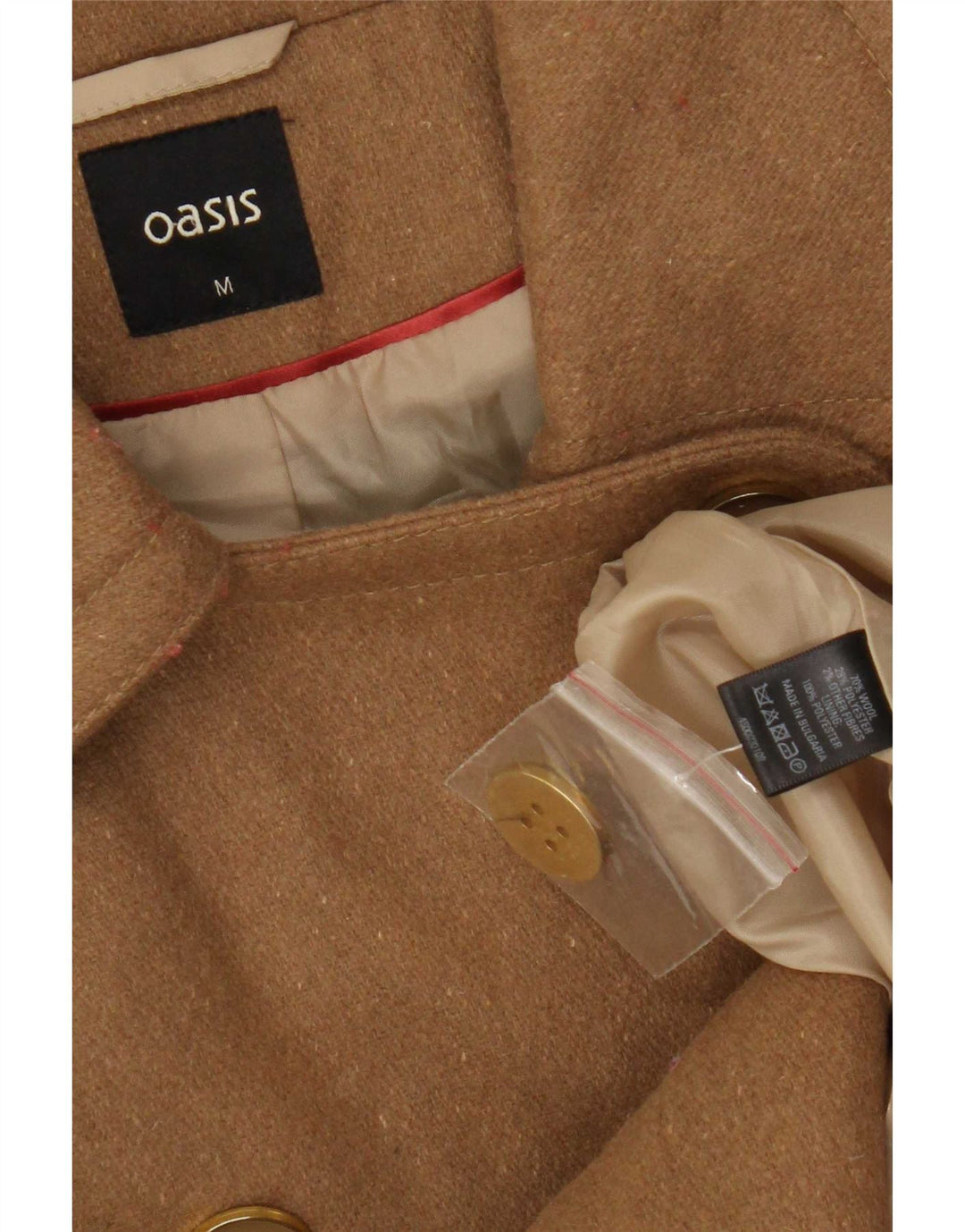Casaco feminino Oasis com peito duplo UK 12 lã bege médio