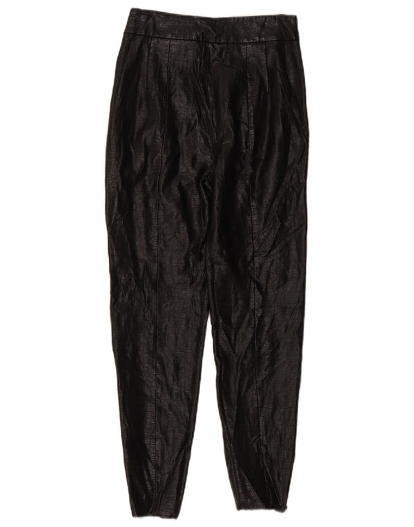 Zara Calça feminina skinny de couro sintético pequena W26 L26 preta com estampa animal