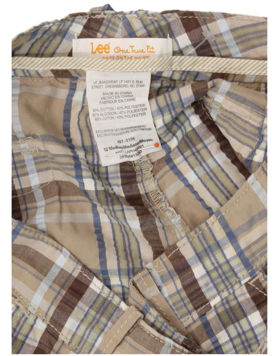 Shorts Chino Feminino Lee US 12 Grande W34 Algodão Xadrez Bege