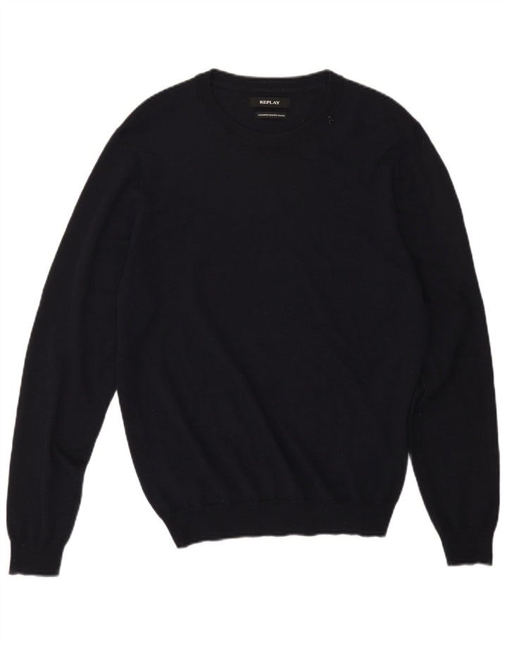 Suéter masculino Replay com gola redonda, lã Merino azul marinho médio