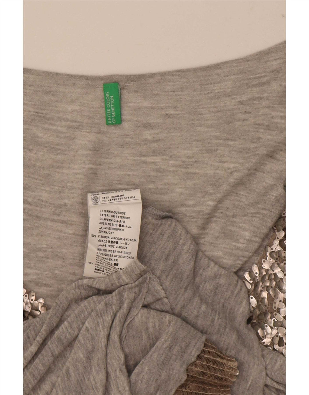 Top feminino de lantejoulas Benetton UK 14 Viscose cinza médio
